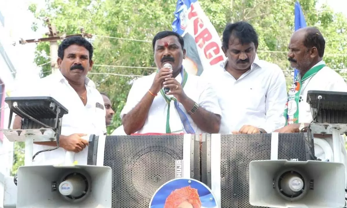 YSRCP Santhanuthalapadu MLA candidate and minister Merugu Nagarjuna conducting election campaign in Takkellapadu village on Tuesday