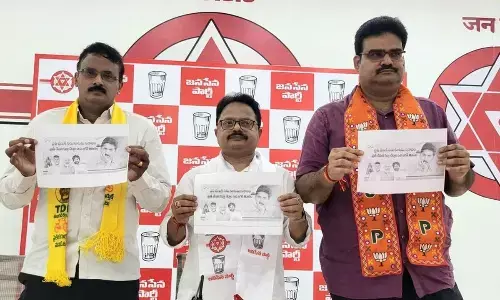TDP official spokesperson N Vijay Kumar, Jana Sena general secretary Siva Sankar and BJP chief official spokesperson Lanka Dinakar address a press meet at JSP head office in Mangalagiri on Tuesday