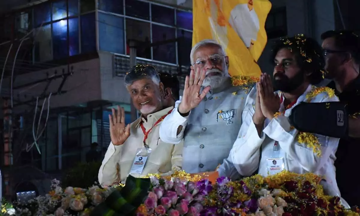 PM Modi holds roadshow in Vijayawada with Chandrababu Naidu, Pawan Kalyan