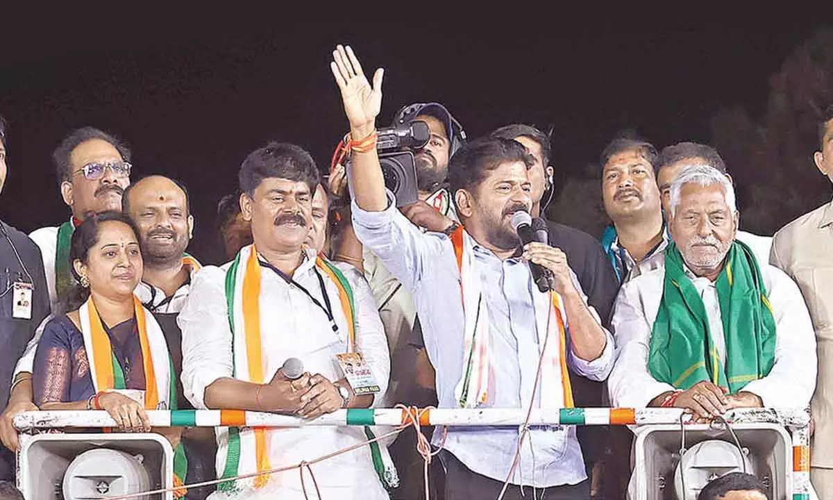 Chief Minister Revanth Reddy addressing a Congress election meeting in Armoor on Wednesday