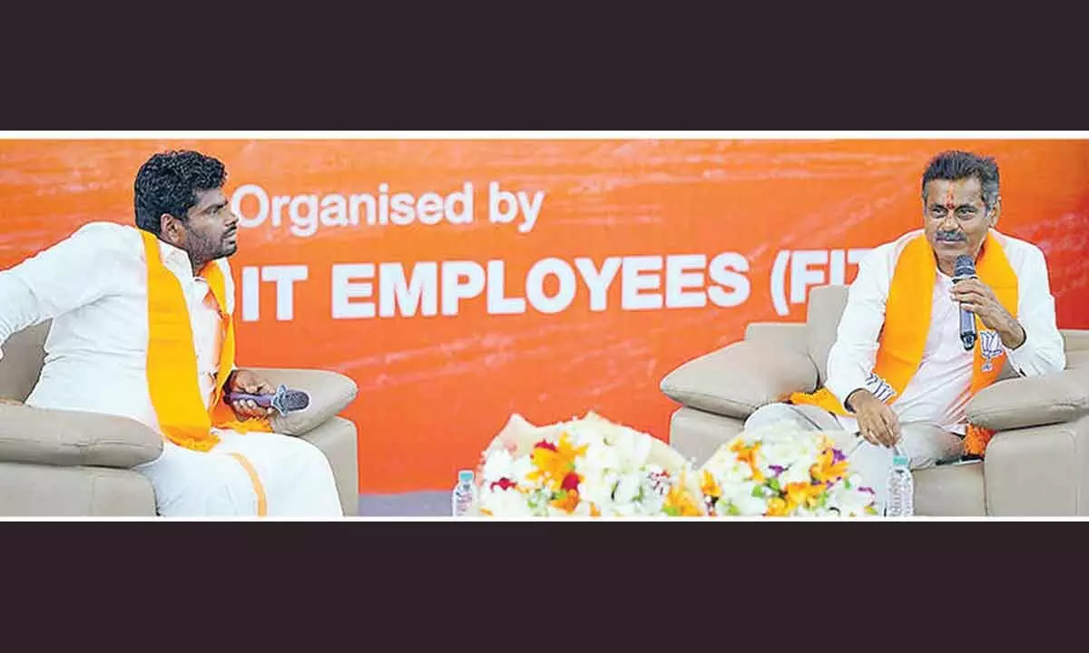 BJP candidate from Chevella parliamentary constituency Konda Vishweshwar Reddy along with K Annamalai, BJP state president, Tamil Nadu at a programme organised by the Forum for IT Employees at Sandhya Convention in the city on Wednesday.