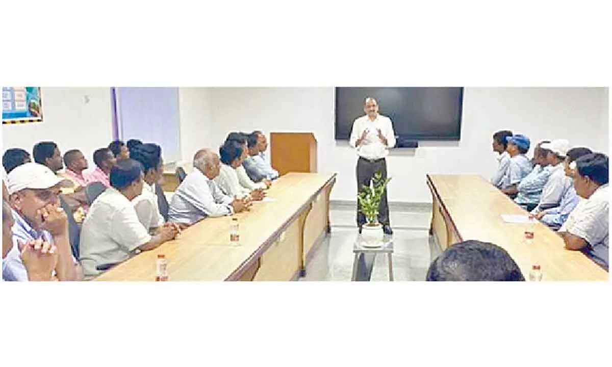 Apitoria Pharma HR vice-president U N B Raju interacting with workers in a meeting on Thursday