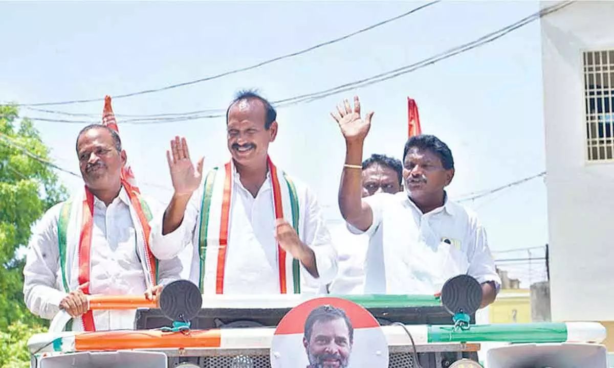 Congress party Ongole MP candidate Eda Sudhakar Reddy campaigning in Yarajarla village on Thursday