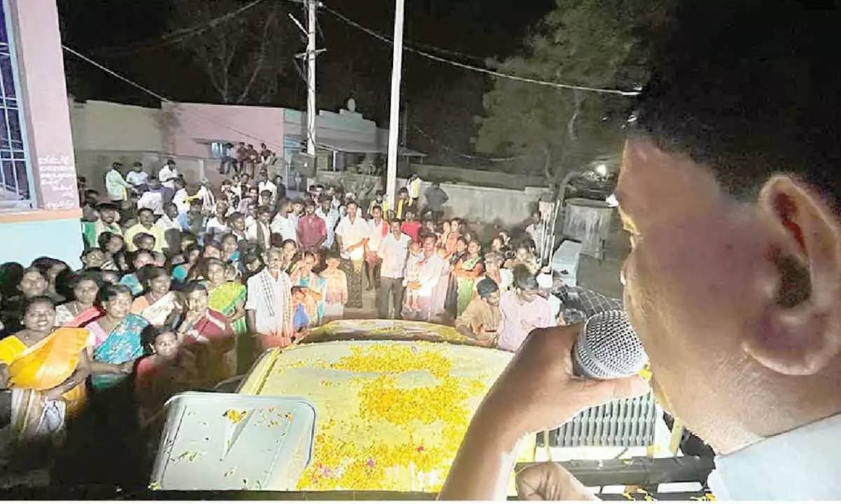 TDP leader Palle Raghunatha Reddy campaigning on behalf of his daughter-in-law Palle Sindhura in Kothacheruvu village