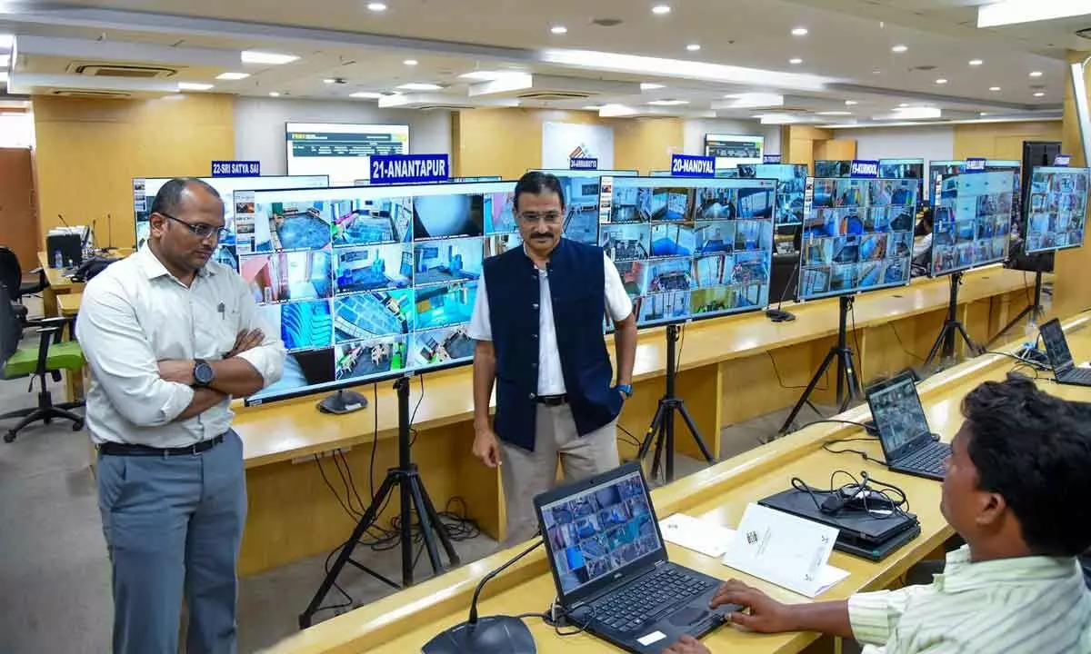 Chief Electoral Officer Mukesh Kumar Meena at the Command Control Centre at the Secretariat at Velagapudi on Sunday.