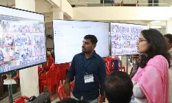 Tirupati election returning officer Aditi Singh monitoring the situation in command control Centre in S V Arts College, Tirupati