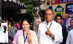 Nellore Lok Sabha TDP nominee Vemireddy Prabhakara and with his wife and Kovuru assembly segment TDP nominee Vemireddy Prasanthi Reddy at SRK school located in Magunta Layout in the city on Monday. Nellore Lok Sabha TDP nominee Vemireddy Prabhakara and with his wife and Kovuru assembly segment TDP nominee Vemireddy Prasanthi Reddy at SRK school located in Magunta Layout in the city on Monday.