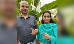 Intelligence Addl DGP Sri B.Shivadhar reddy along with family members cast their votes at Govt Girijana primary school,  Gopanapally, today morning.