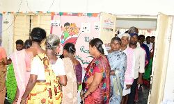 Nandyal: Voters in large numbers at Kanala village in Nandyal district standing in queues to franchise their vote.