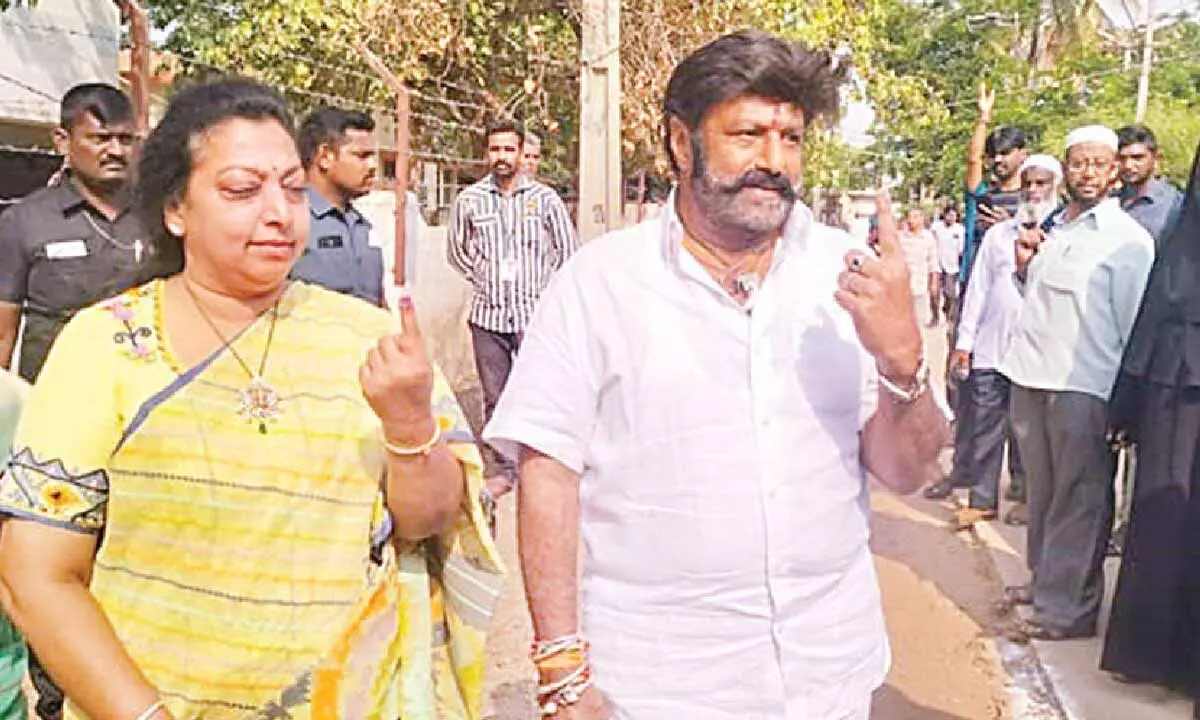 Hindupur sitting MLA N Balakrishna and his wife Vasundhara cast their vote at the polling booth in RTC Colony in Hindupur