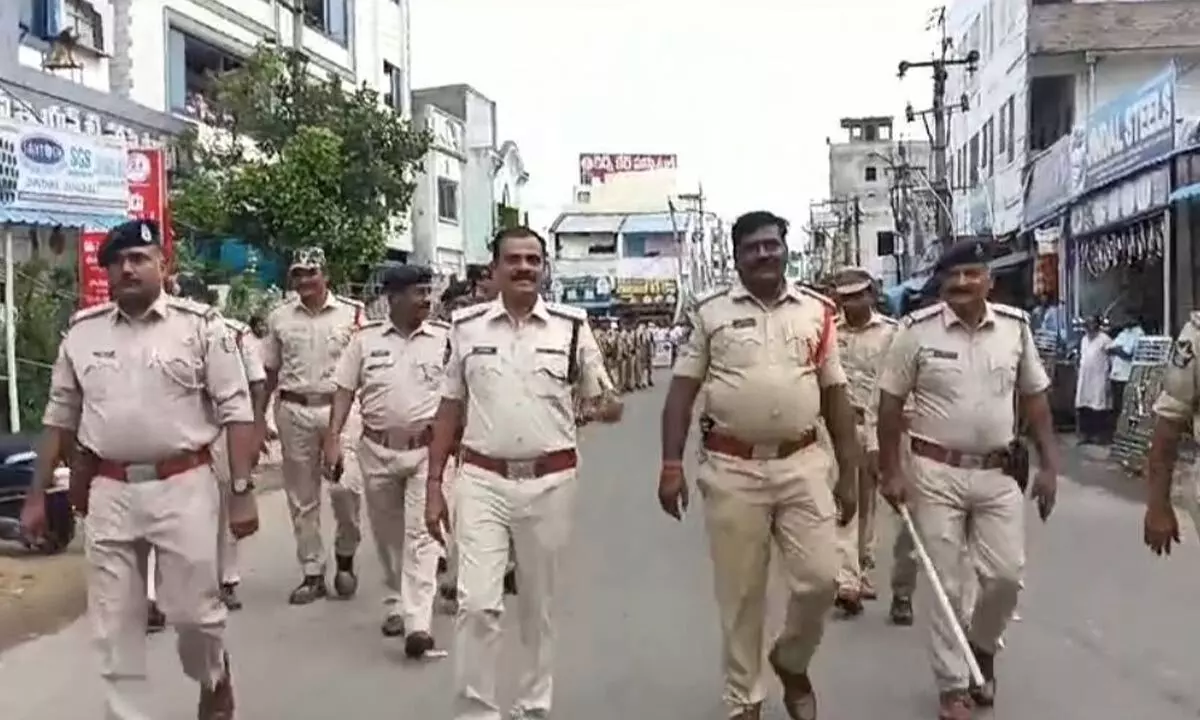 Police conducting a flag march in Narasaraopet on Tuesday