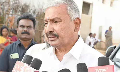 Minister and YSRCP Punganur candidate Peddireddi Ramachandra Reddy speaking to the media on Monday.