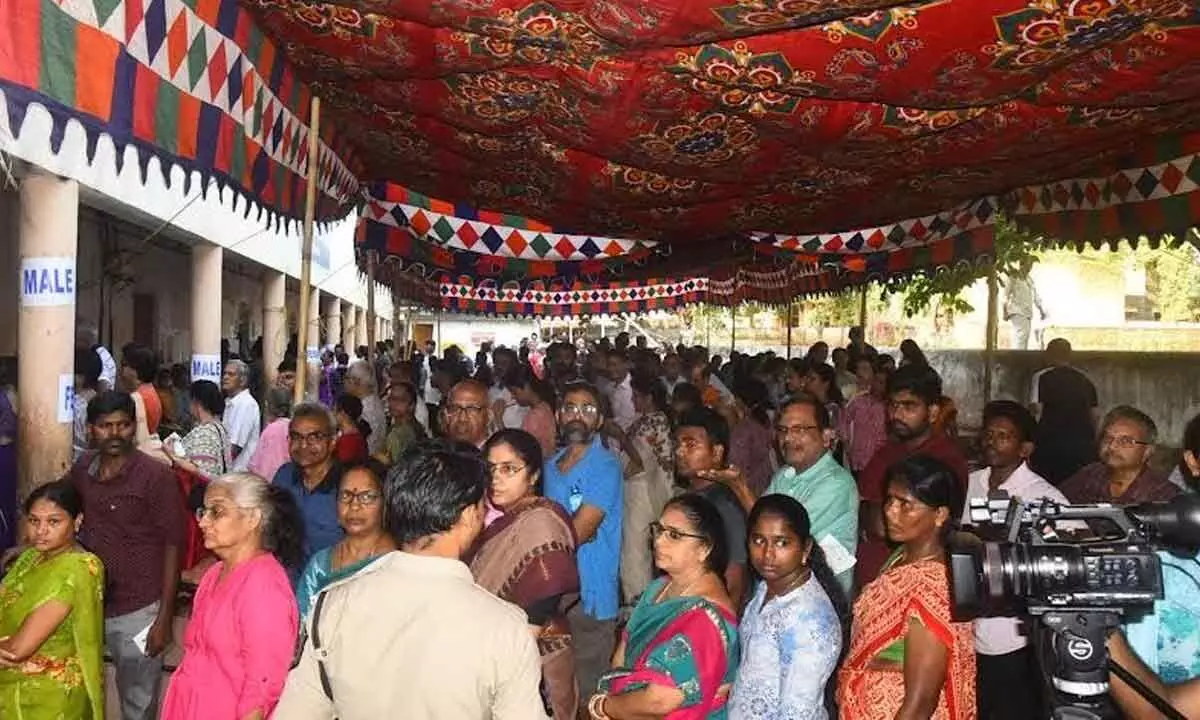 File photo of women voters waiting for their turn at a booth in Visakhapatnam