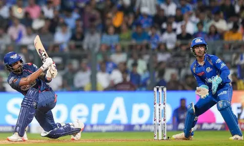 Lucknow Super Giants KL Rahul plays a shot during the IPL match against Mumbai Indians, at Wankhede Stadium in Mumbai on Friday