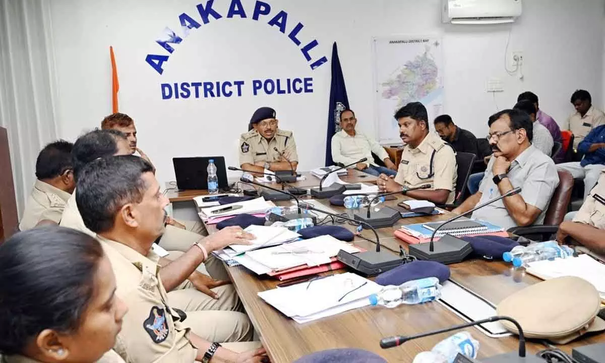 Anakapalli District SP K V Murali Krishna speaking at a meeting with the officials in Anakapalli  on Sunday