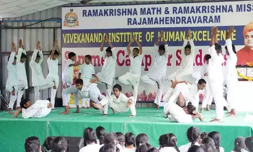 Students practicing Yoga during the closing ceremony of the summer training camp at  Ramakrishna Math on Sunday