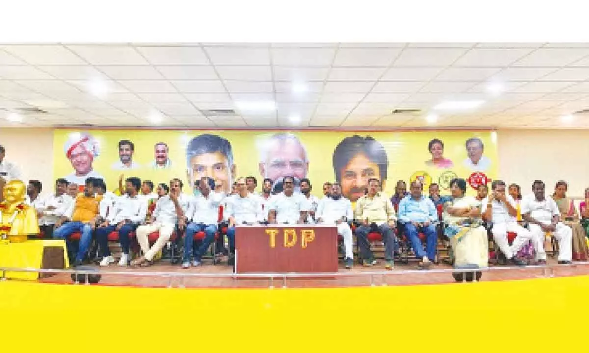 Visakhapatnam south constituency Jana Sena candidate Vamsi Krishna Yadav along with other NDA leaders at a meeting in Visakhapatnam on Sunday