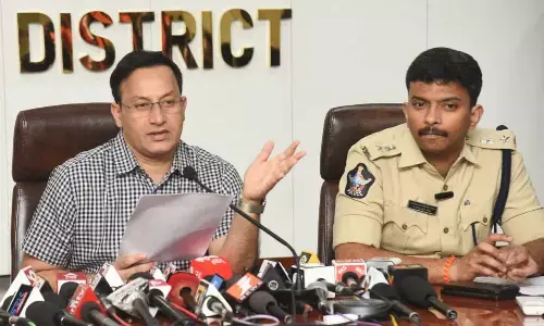 Tirupati district Collector Pravin Kumar speaking to the media on Monday. SP V Harshavardhan Raju is seen.
