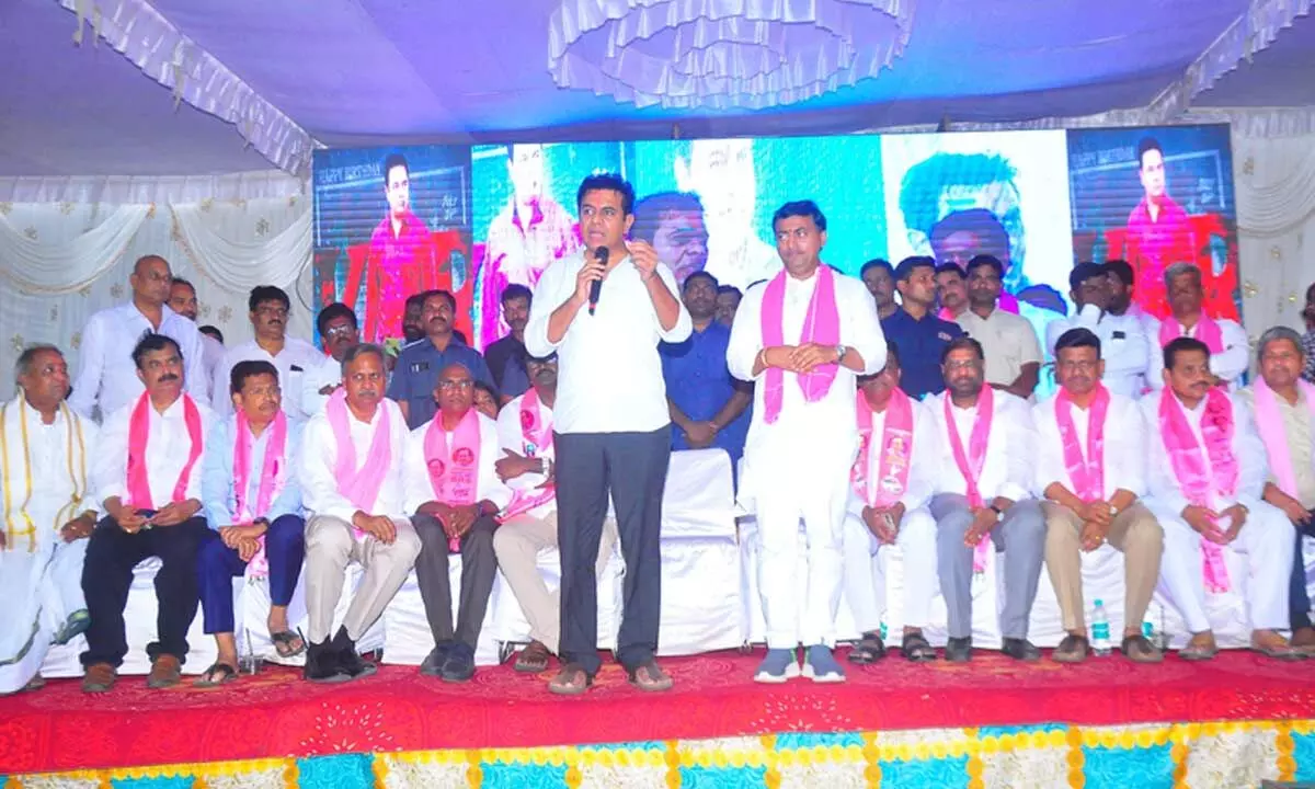 BRS working president KT Rama Rao speaking at the MLC by-election campaign in Khammam on Monday.