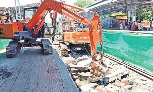 Track being removed from Platform No 2 at Rajahmundry railway station as part of track modernisation works