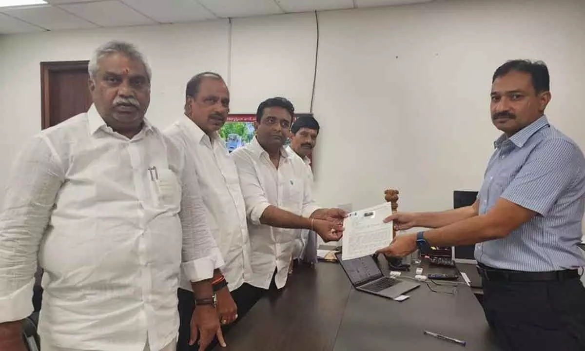 A team of YSRCP leaders submits a petition seeking action against TDP and re-polling in some booths to CEO MK Meena at the Secretariat on Thursday