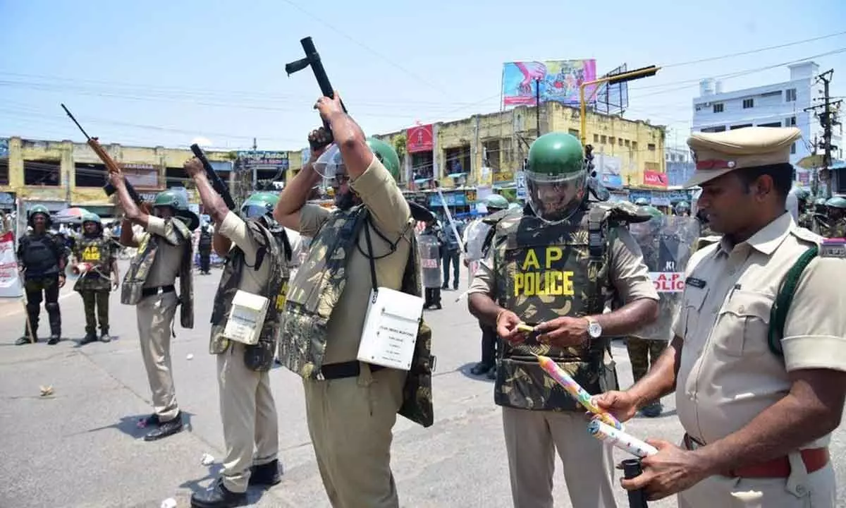 Krishna district police performing mock drill in Machilipatnam on Thursday