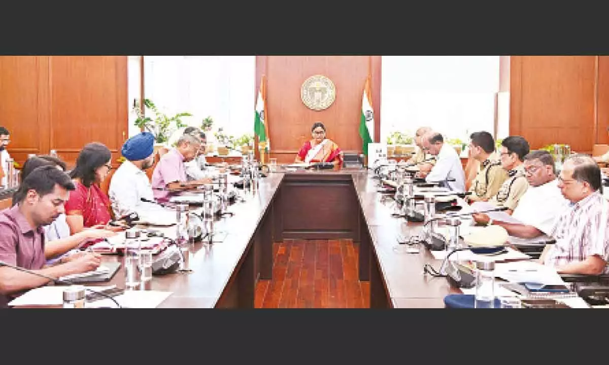 Chief Secretary Santhi Kumari holding a meeting with senior officials for the arrangements to be made for the State Formation Day on the June 2nd, at the Secretariat in Hyderabad on Friday