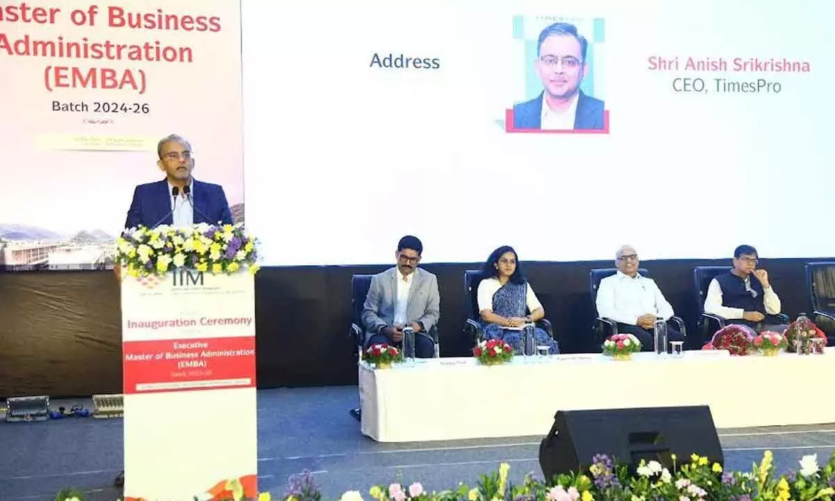 Invitees speaking to the students of the Executive Master of Business Administration programme at IIM-V campus, Gambheeram, in Visakhapatnam on Sunday