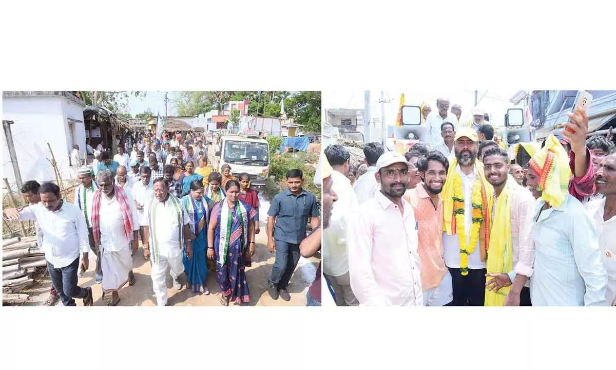 YSRCP nominee S V Ch Appala Naidu taking part in campaign(left);TDP candidate Baby Naina during election campaign(Right)