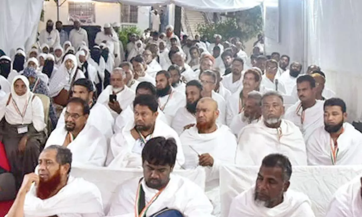 Haj pilgrims at the Haj camp in Gannavaram in Vijayawada before leaving for Jeddah on Monday