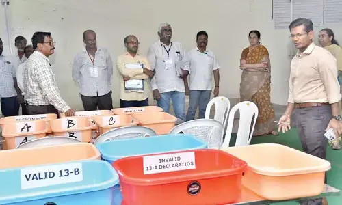 Praaksam District Collector A S Dinesh Kumar inspecting arrangements for counting at RISE Engineering College in Ongole on Monday