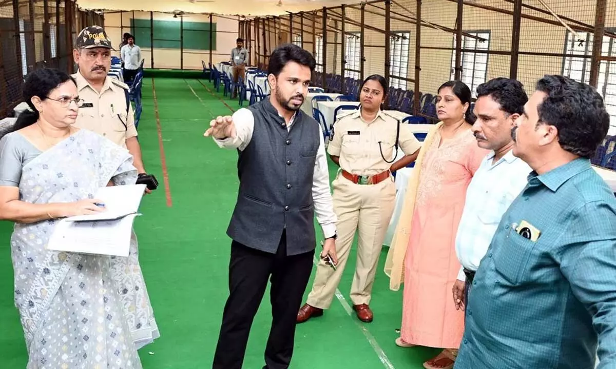 Collector Prasanna Venkatesh along with SP D Mary Prashanti, Joint Collector B Lavanyaveni and other officials inspecting counting arrangements in Eluru on Tuesday