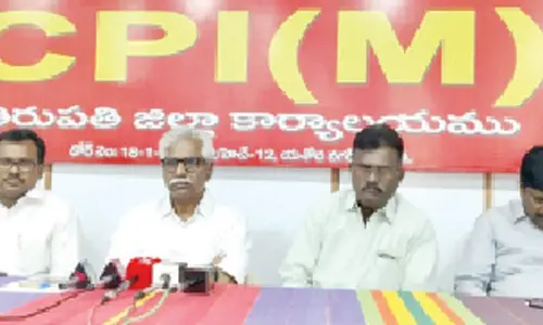 CPM state secretary V Srinivasa Rao speaking to the media in Tirupati on Tuesday. Party district secretary Vandavasi Nagaraju, Kandarapu Murali and A Pullaiah are also seen.