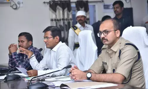 Collector AS Dinesh Kumar, SP Garud Sumit Sunil explaining about arrangements at counting centre at Collectorate on Tuesday