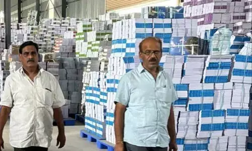 Director of textbooks, education, K Ravindranath Reddy inspects textbooks stock point in Vijayawada. (File photo)