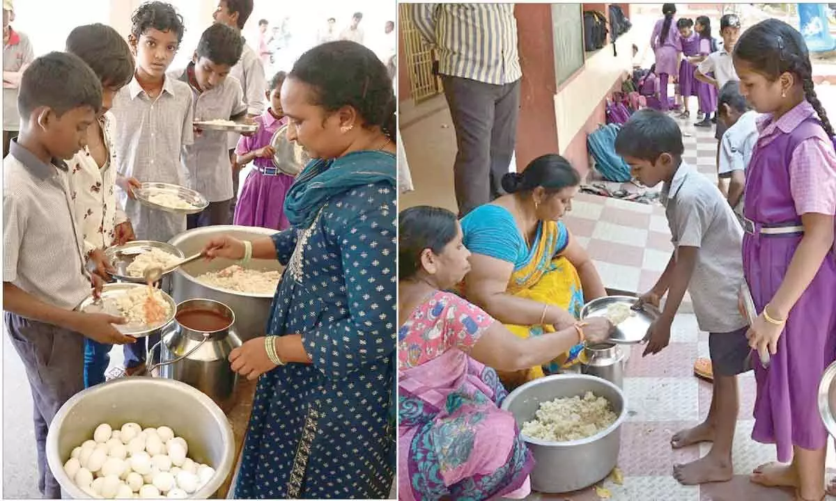File Photos of students receiving midday meals in schools in Prakasam district