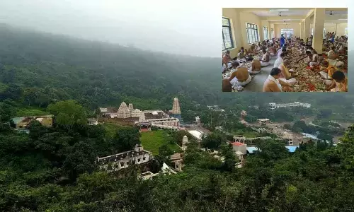 A view of Sri Varaha Lakshmi Narasimha Swamy Devasthanam in Visakhapatnam; Employees and volunteers counting the hundi collection at the temple in Visakhapatnam