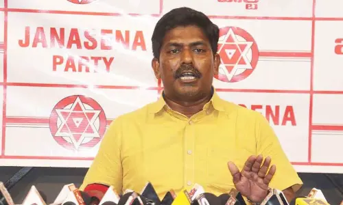 Jana Sena Party corporator P Murthy Yadav speaking to the media in Visakhapatnam on Thursday