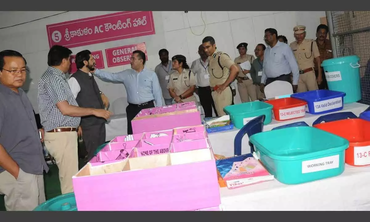 Officials inspecting arrangements for counting on the premises of a private engineering college in Srikakulam on Sunday