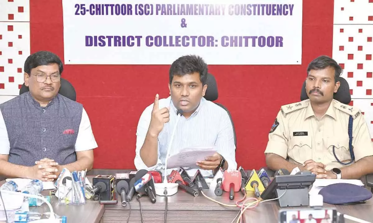 District Election Officer and Collector S Shan Mohan addressing the media in Chittoor on Sunday. Joint Collector P Srinivasulu and SP Manikanta Chandolu are also seen.