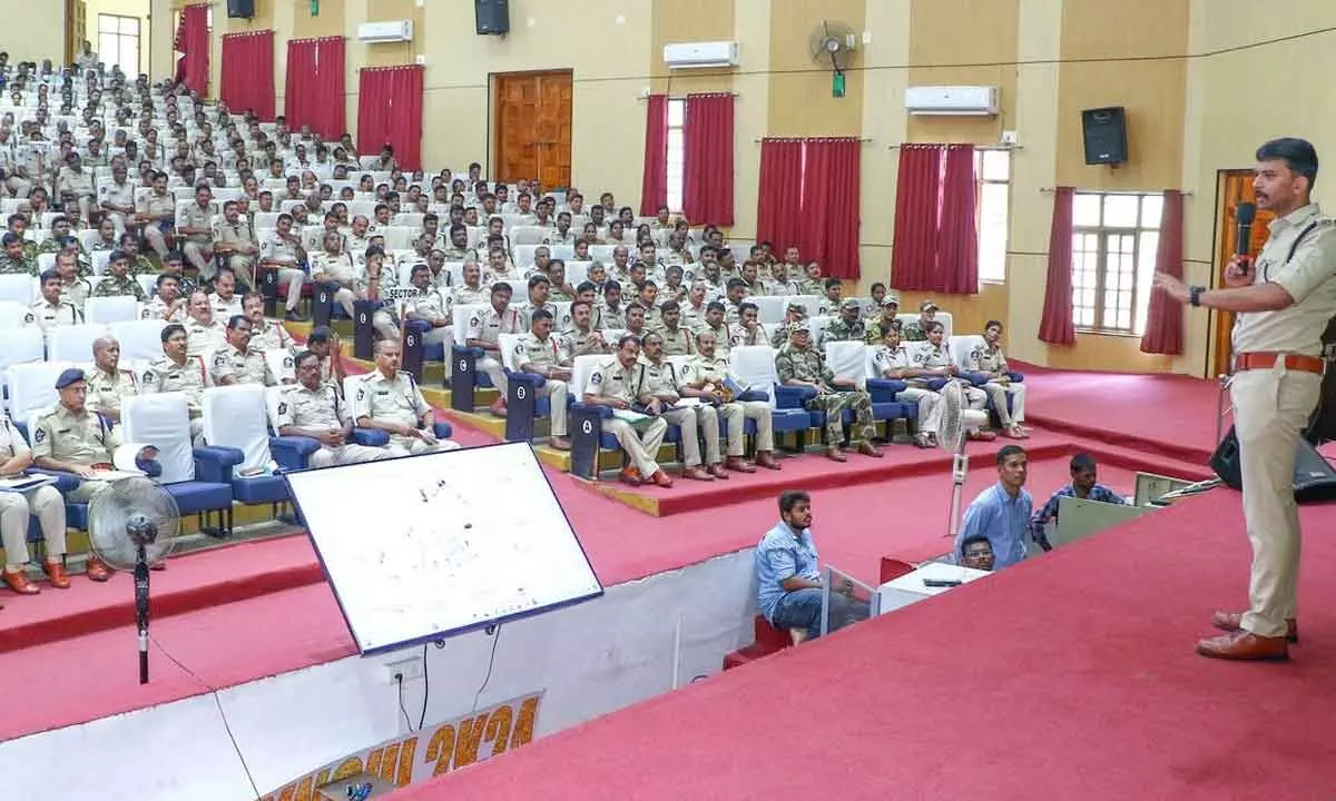 District SP Harshavardhan Raju speaking at a meeting at Sri Padmavati Mahila University in Tirupati on Sunday