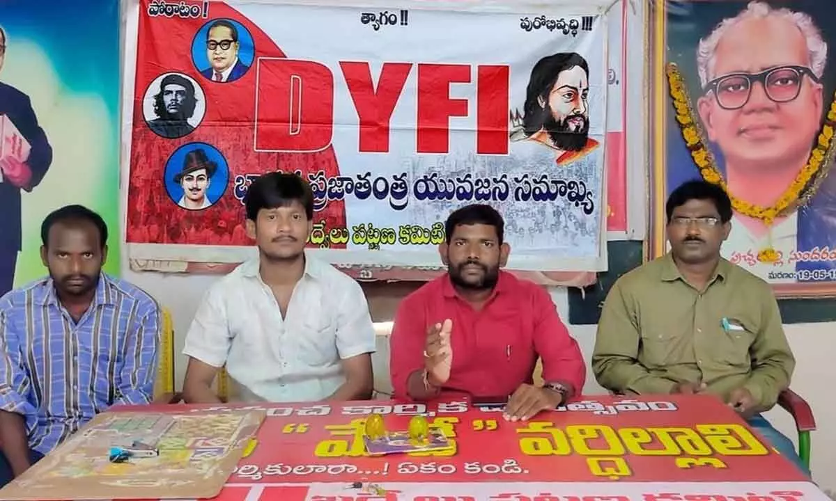 DYFI district president Mudiam Chinni speaking at a press meet in Badvel on Sunday