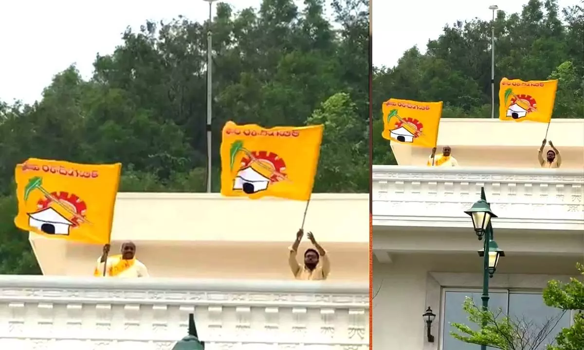 TDP flags flutter at Rushikonda buildings