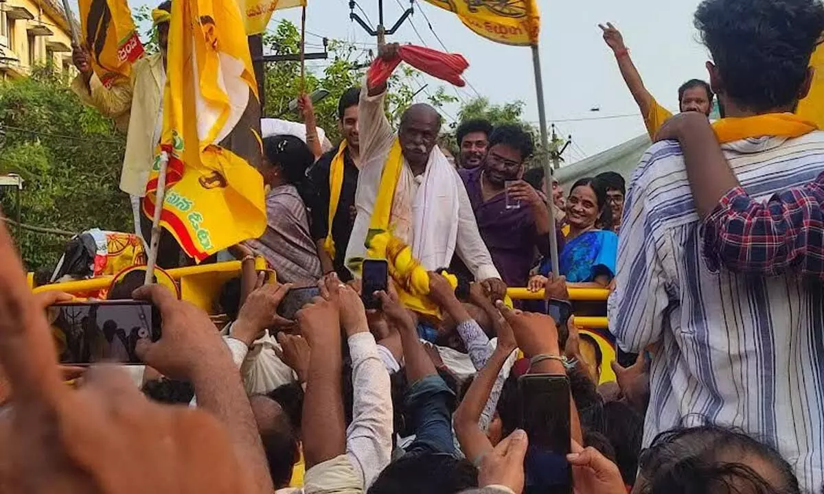 Visakhapatnam East constituency TDP candidate Velagapudi Ramakrishna Babu and his followers celebrating the thumping victory of alliance candidates in Visakhapatnam on Tuesday Photo: Vasu Potnuru