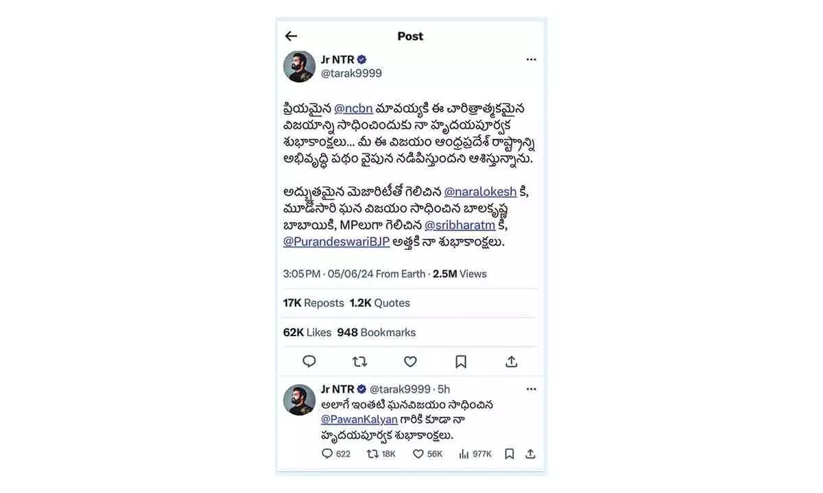 Jr NTR congratulates Naidu, Balakrishna