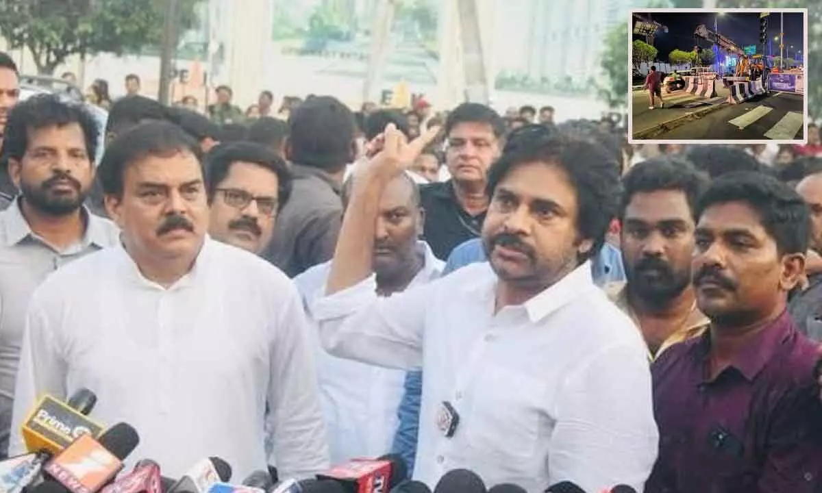 File photo of JSP chief K Pawan Kalyan demanding reopening of the Tycoon Junction in Visakhapatnam; Tycoon Junction at Siripuram which remained closed has been reopened for the commuters in Visakhapatnam(Inset Pic)