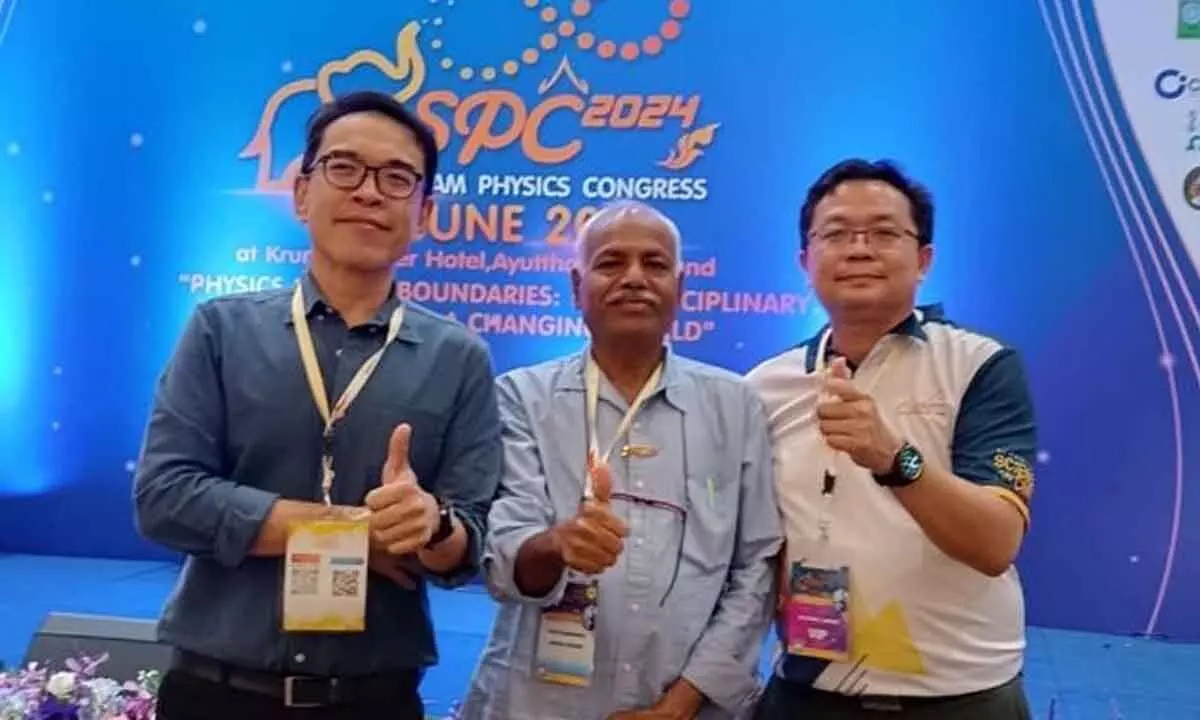 Prof  CK Jayasankar with Prof Dr Wisanu Percharapa and Prof Jakarapong Kaewkhao in Thailand during a conference