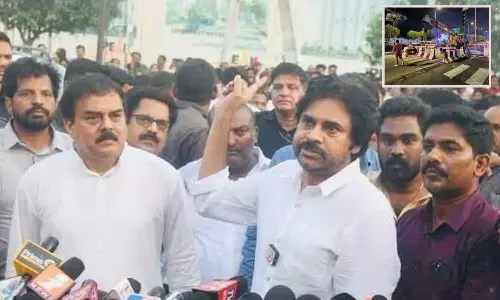 File photo of JSP chief K Pawan Kalyan demanding reopening of the Tycoon Junction in Visakhapatnam; Tycoon Junction at Siripuram which remained closed has been reopened for the commuters in Visakhapatnam(Inset Pic)