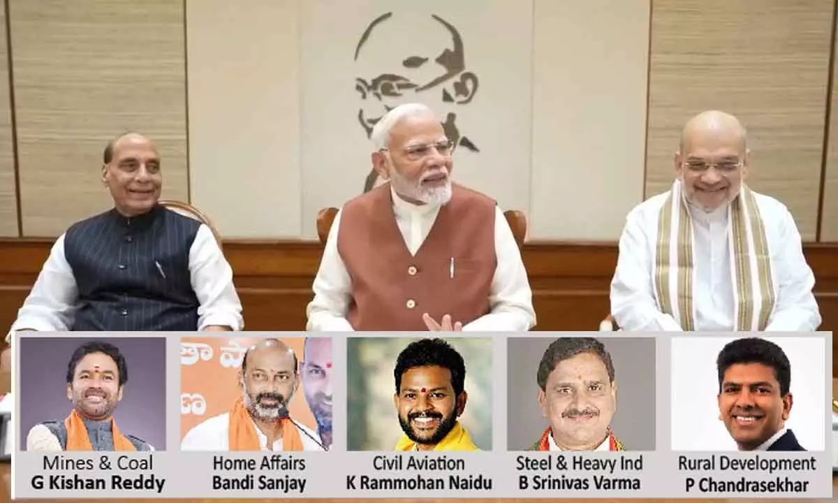 PM Narendra Modi chairs the first meeting of his new Cabinet, attended by the newly-inducted ministers, at the prime ministers 7, Lok Kalyan Marg residence, in New Delhi on Monday