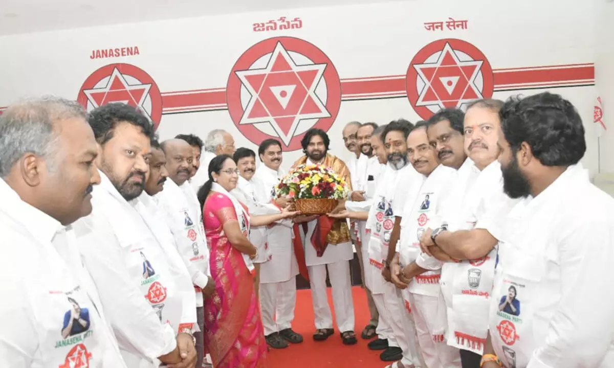 Jana Sena Party MLAs greet party chief Pawan Kalyan after electing as Legislature Party leader of the party on Tuesday